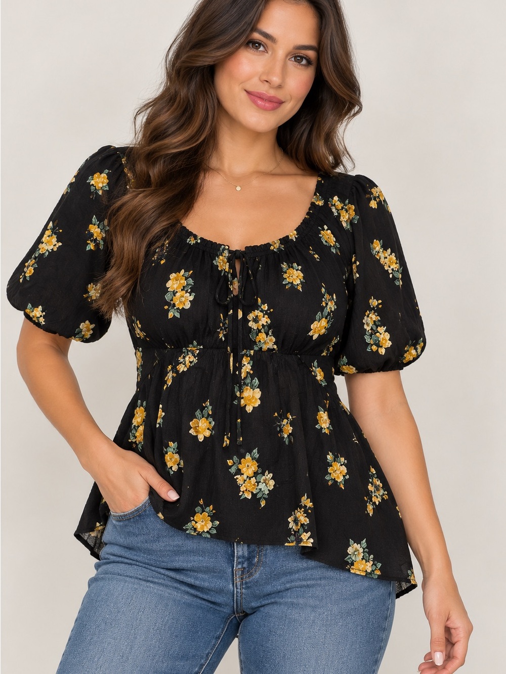 a new day Black Floral Puff-Sleeve Peplum Top